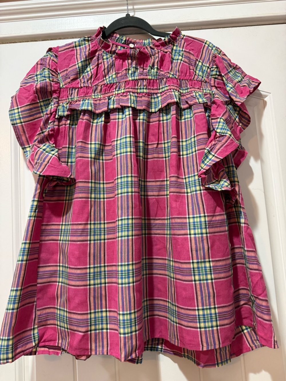 NWOT. Plaid Ruffle Yoke Blouse in Fuchsia by Haptics